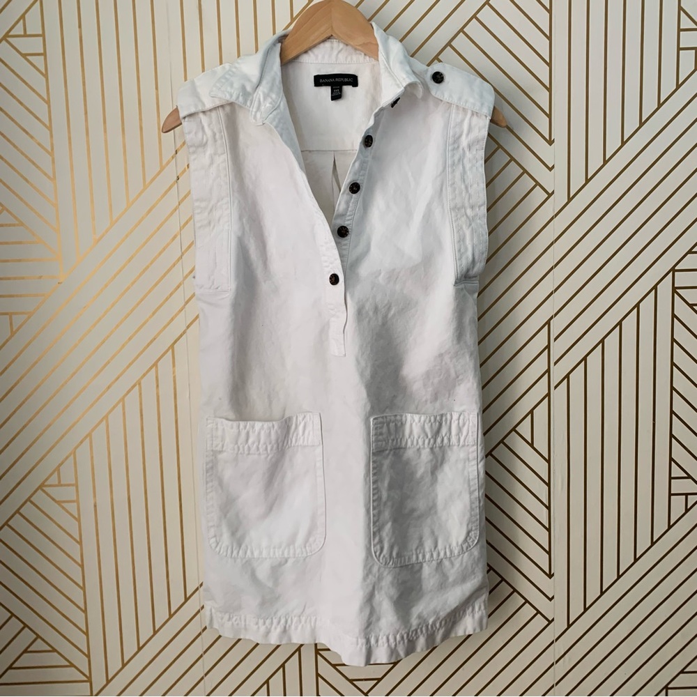 Banana Republic Utility cotton linen blend Mini White Denim button up Dress XXS - Picture 3 of 11